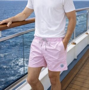 NWT Maamgic Pink White Stripe Swim Trunks XL Elastic Waist Drawstring Beach